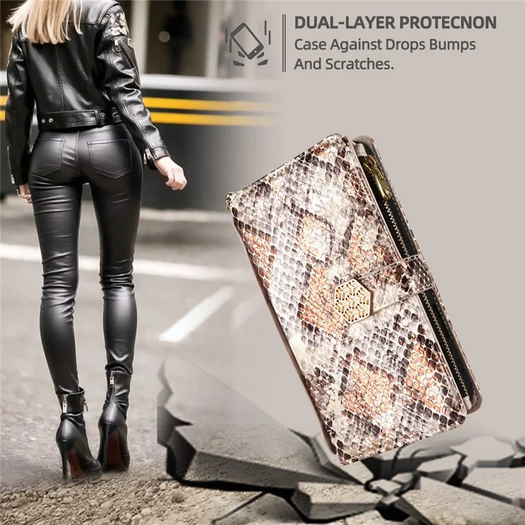 For Samsung Galaxy S25+ Case Snake Skin Texture PU Leather Phone Wallet Cover with Shoulder Strap - White
