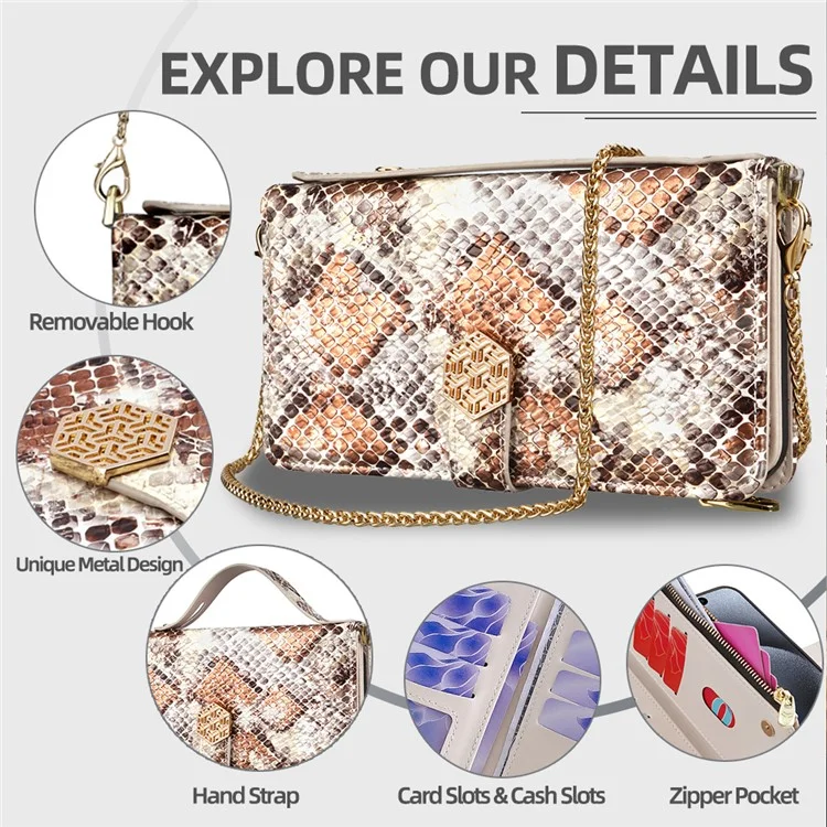 For Samsung Galaxy S25+ Case Snake Skin Texture PU Leather Phone Wallet Cover with Shoulder Strap - White