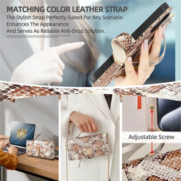 For Samsung Galaxy S25+ Case Snake Skin Texture PU Leather Phone Wallet Cover with Shoulder Strap - White