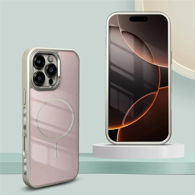 For iPhone 16 Pro Case Compatible with MagSafe Metal Lens Frame TPU + Acrylic Phone Back Cover - Silver