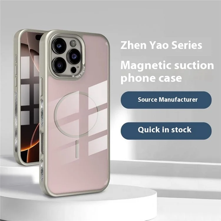 For iPhone 16 Pro Case Compatible with MagSafe Metal Lens Frame TPU + Acrylic Phone Back Cover - Silver