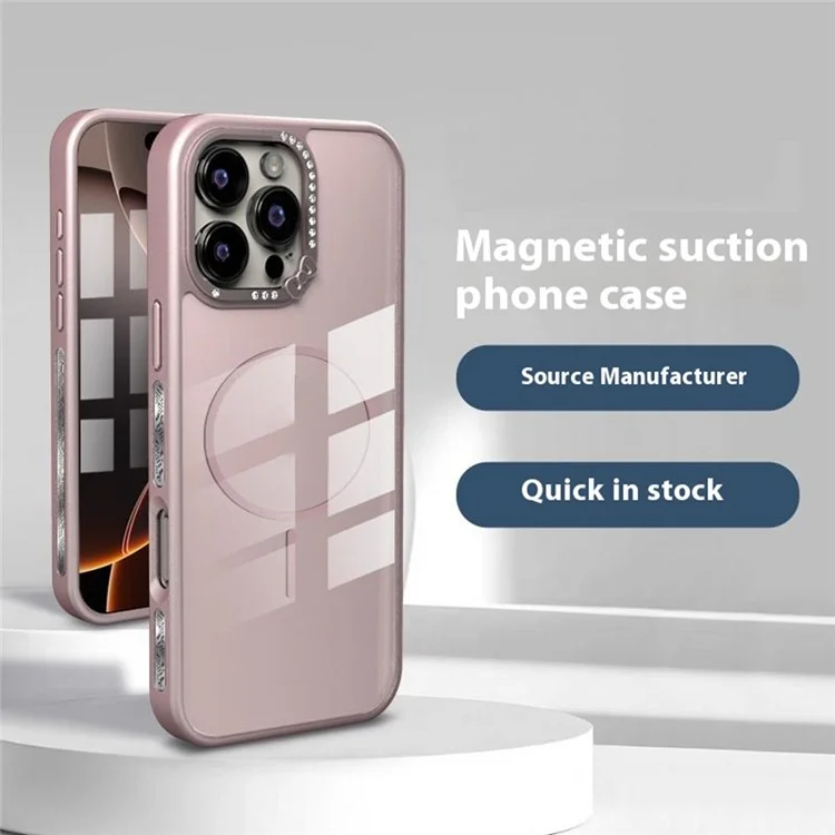 For iPhone 16 Pro Case Compatible with MagSafe Bow Rhinestone TPU + Acrylic Phone Back Cover - Pink