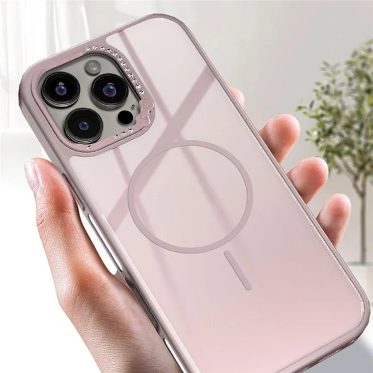 For iPhone 16 Pro Case Compatible with MagSafe Bow Rhinestone TPU + Acrylic Phone Back Cover - Pink