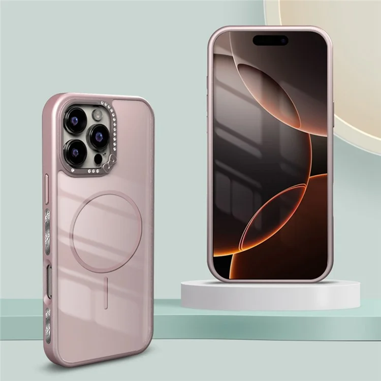 For iPhone 16 Pro Max Case Compatible with MagSafe Bow Rhinestone TPU + Acrylic Phone Back Cover - Pink
