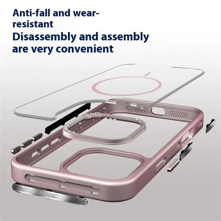 For iPhone 16 Pro Max Case Compatible with MagSafe Bow Rhinestone TPU + Acrylic Phone Back Cover - Pink