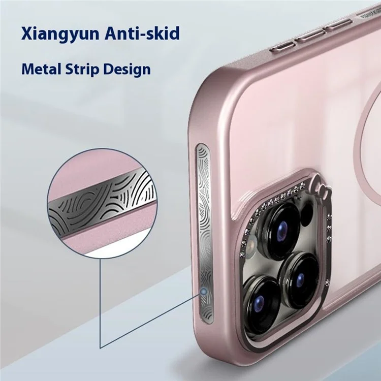 For iPhone 16 Pro Max Case Compatible with MagSafe Bow Rhinestone TPU + Acrylic Phone Back Cover - Pink