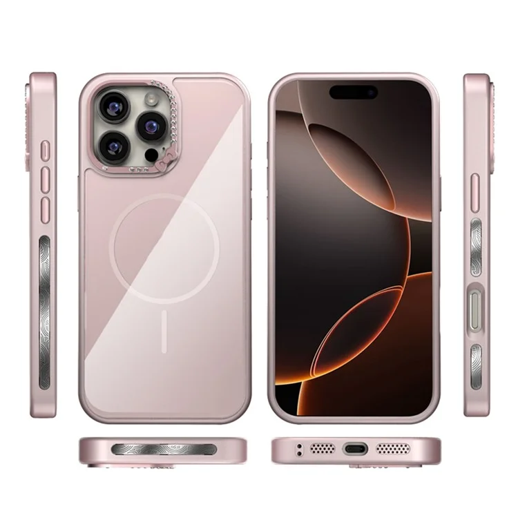 For iPhone 16 Pro Max Case Compatible with MagSafe Bow Rhinestone TPU + Acrylic Phone Back Cover - Pink