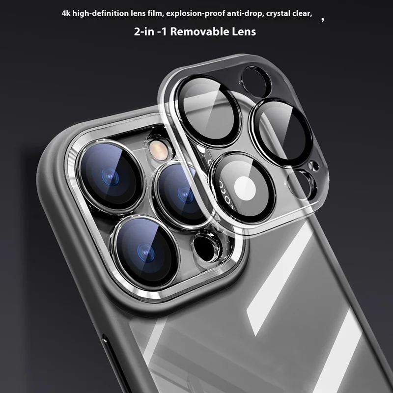 For iPhone 16 Pro Max Case PC + TPU Transparent Phone Cover with Detachable Camera Lens Film - Grey