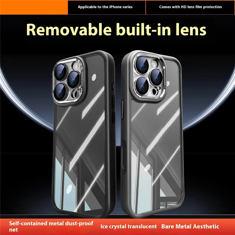 For iPhone 16 Pro Max Case PC + TPU Transparent Phone Cover with Detachable Camera Lens Film - Grey