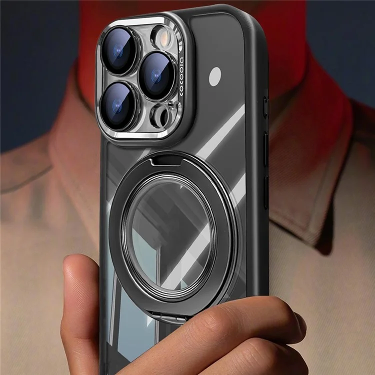 For iPhone 16 Pro Max Case Magnetic Rotating Kickstand PC + TPU Phone Cover with Detachable Camera Lens Film - Grey