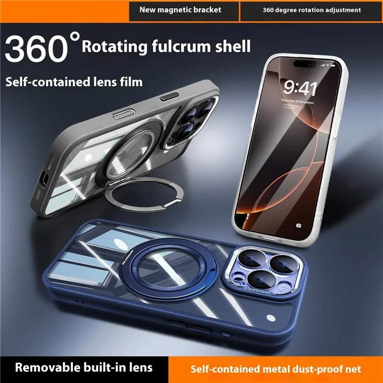 For iPhone 16 Pro Max Case Magnetic Rotating Kickstand PC + TPU Phone Cover with Detachable Camera Lens Film - Grey