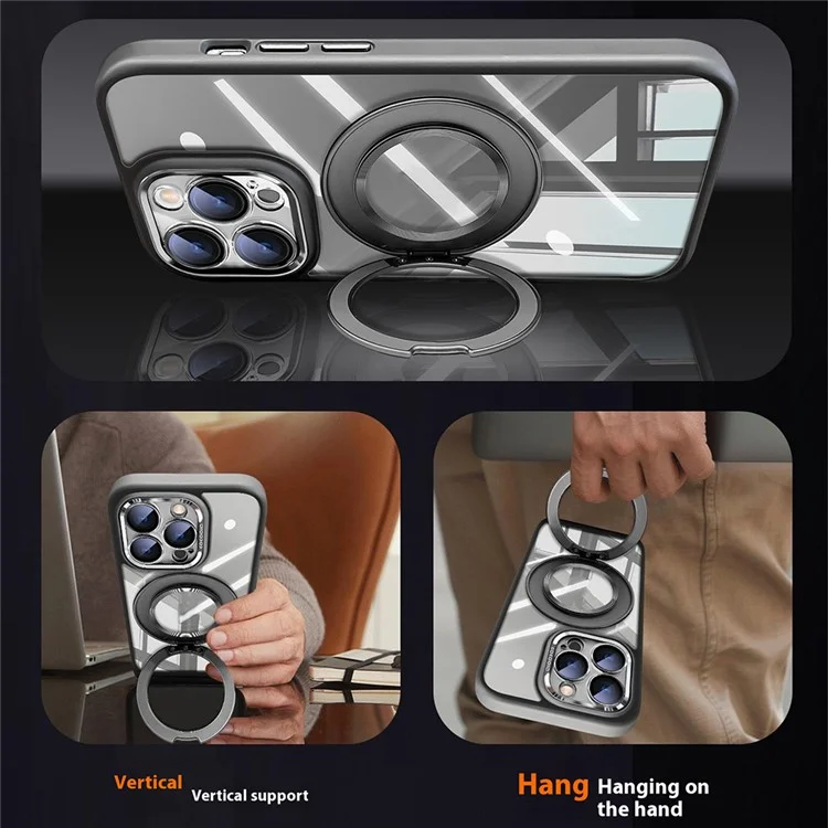 For iPhone 16 Pro Case Magnetic Rotating Kickstand PC + TPU Phone Cover with Detachable Camera Lens Film - Grey