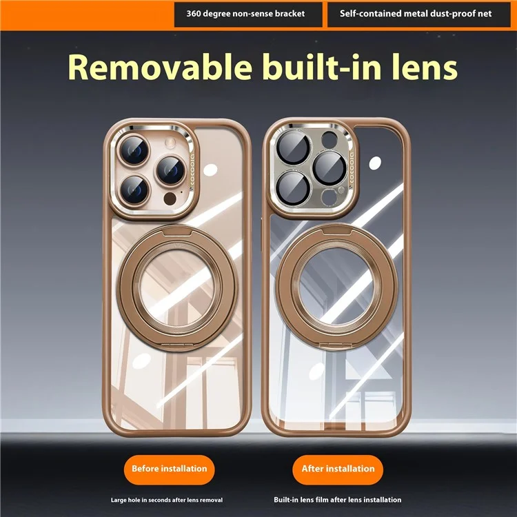 For iPhone 16 Pro Case Magnetic Rotating Kickstand PC + TPU Phone Cover with Detachable Camera Lens Film - Grey
