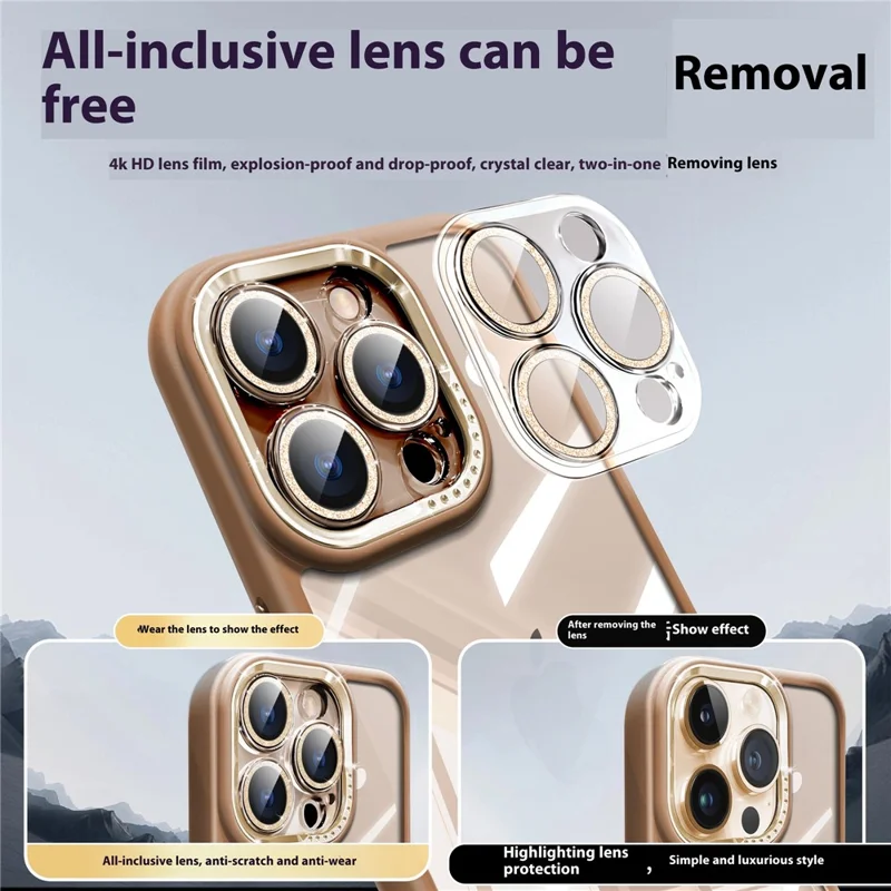 For iPhone 16 Pro Max Case PC + TPU Clear Phone Cover with Glitter Camera Lens Film - Titanium Gold