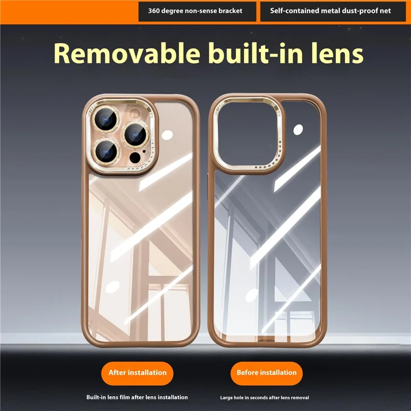 For iPhone 16 Pro Case PC + TPU Clear Phone Cover with Glitter Camera Lens Film - Titanium Gold