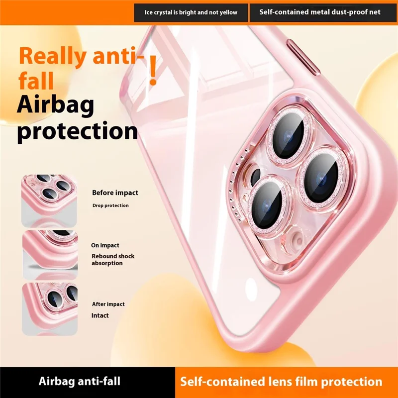 For iPhone 16 Pro Case PC + TPU Clear Phone Cover with Glitter Camera Lens Film - Titanium Gold