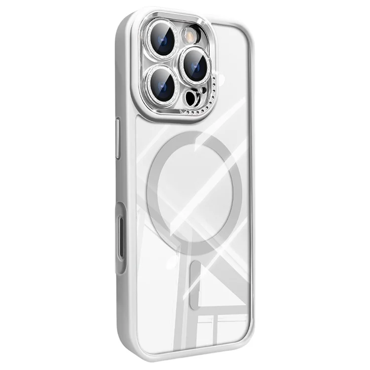 For iPhone 16 Pro Case Compatible with MagSafe PC + TPU Clear Phone Cover with Glitter Camera Lens Film - White