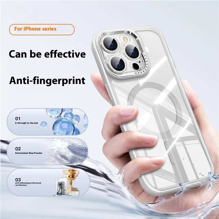 For iPhone 16 Pro Case Compatible with MagSafe PC + TPU Clear Phone Cover with Glitter Camera Lens Film - White