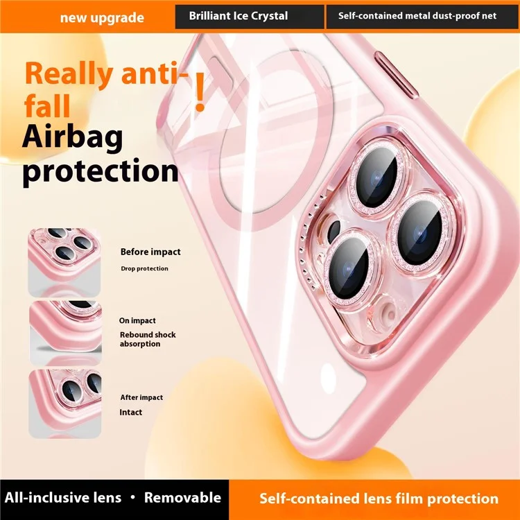 For iPhone 16 Pro Case Compatible with MagSafe PC + TPU Clear Phone Cover with Glitter Camera Lens Film - White