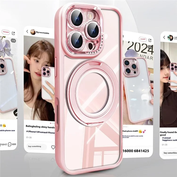For iPhone 16 Pro Max Case Magnetic Rotating Kickstand PC + TPU Phone Cover with Glitter Camera Lens Film - Pink