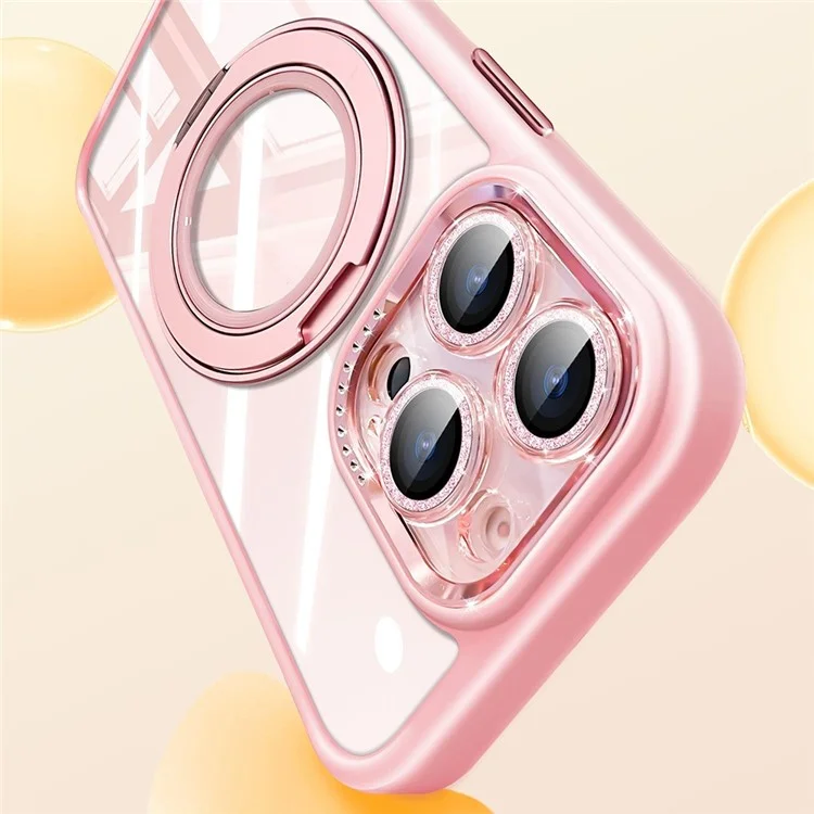 For iPhone 16 Pro Max Case Magnetic Rotating Kickstand PC + TPU Phone Cover with Glitter Camera Lens Film - Pink