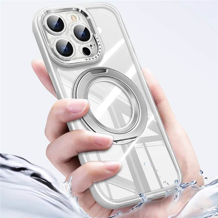 For iPhone 16 Pro Max Case Magnetic Rotating Kickstand PC + TPU Phone Cover with Glitter Camera Lens Film - Pink