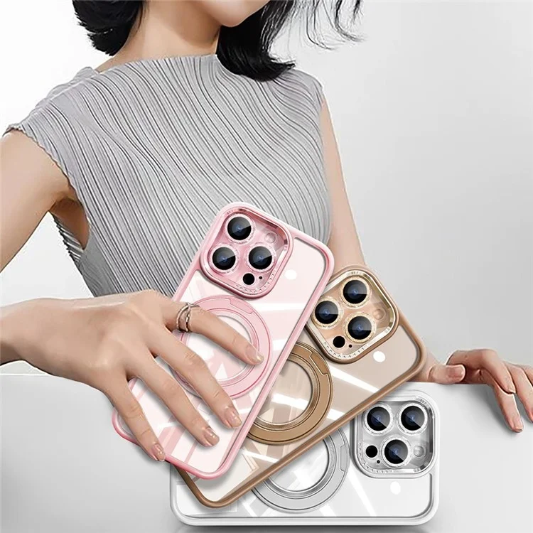 For iPhone 16 Pro Max Case Magnetic Rotating Kickstand PC + TPU Phone Cover with Glitter Camera Lens Film - Pink