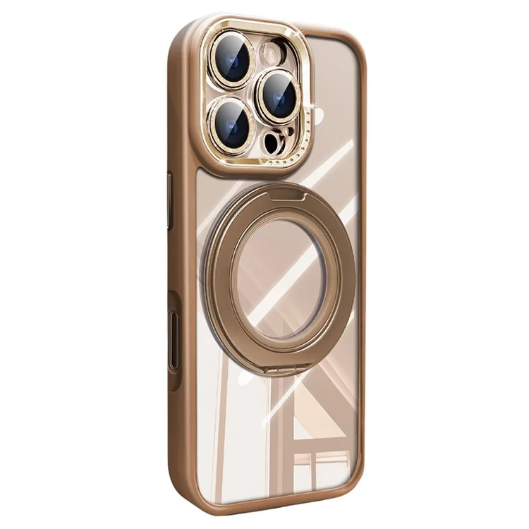 Coque pour iPhone 16 Pro Max avec Support Magnétique Rotatif PC + TPU avec Lentille de Caméra Amovible et Film Pailleté - Or Titane