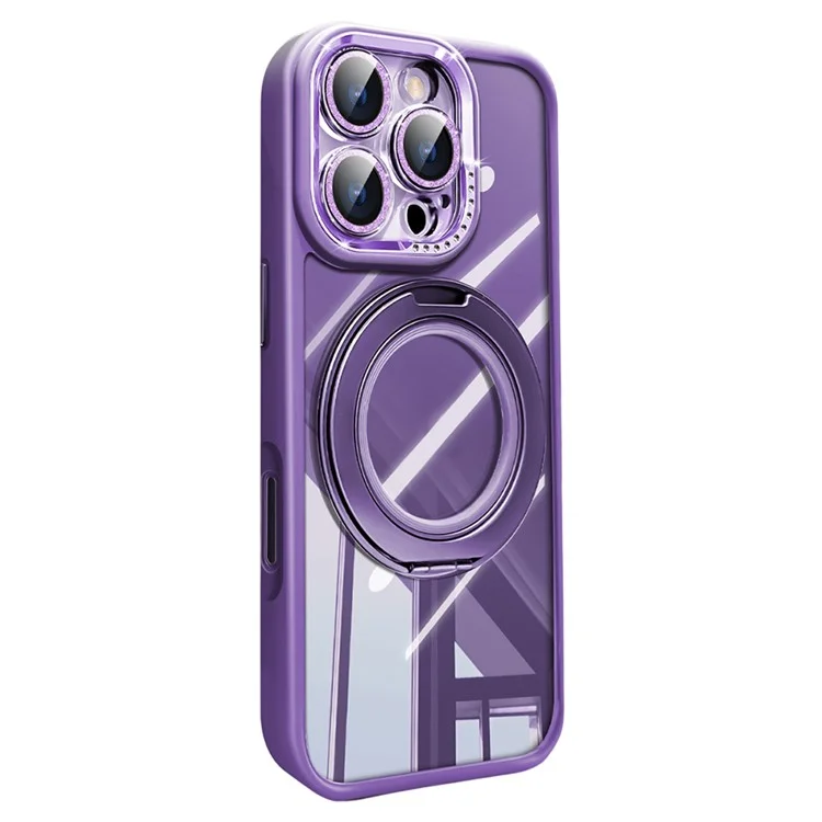 For iPhone 16 Pro Case Magnetic Rotating Kickstand PC + TPU Phone Cover with Glitter Camera Lens Film - Purple