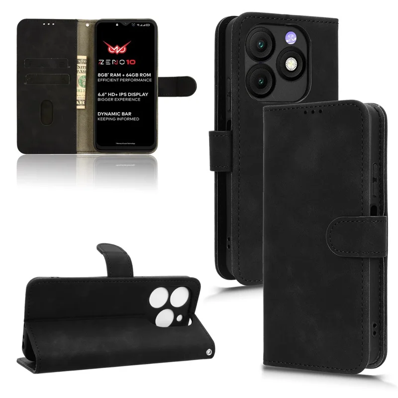 Étui en cuir pour itel Zeno 10 4G avec sensation de peau, antichute, portefeuille à rabat - Noir