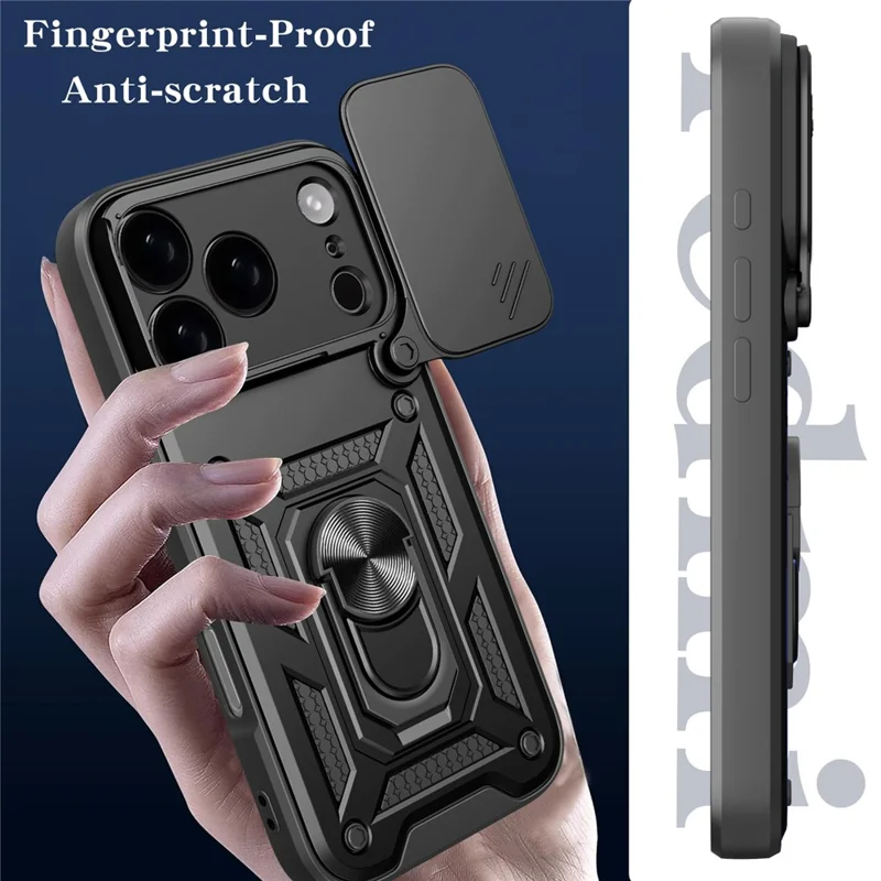 For iPhone 17 Pro Case with Slide Camera Lid PC + TPU Kickstand Phone Cover - Black