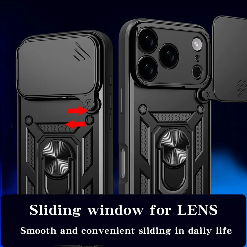 For iPhone 17 Pro Max Case with Slide Camera Lid PC + TPU Kickstand Phone Cover - Black