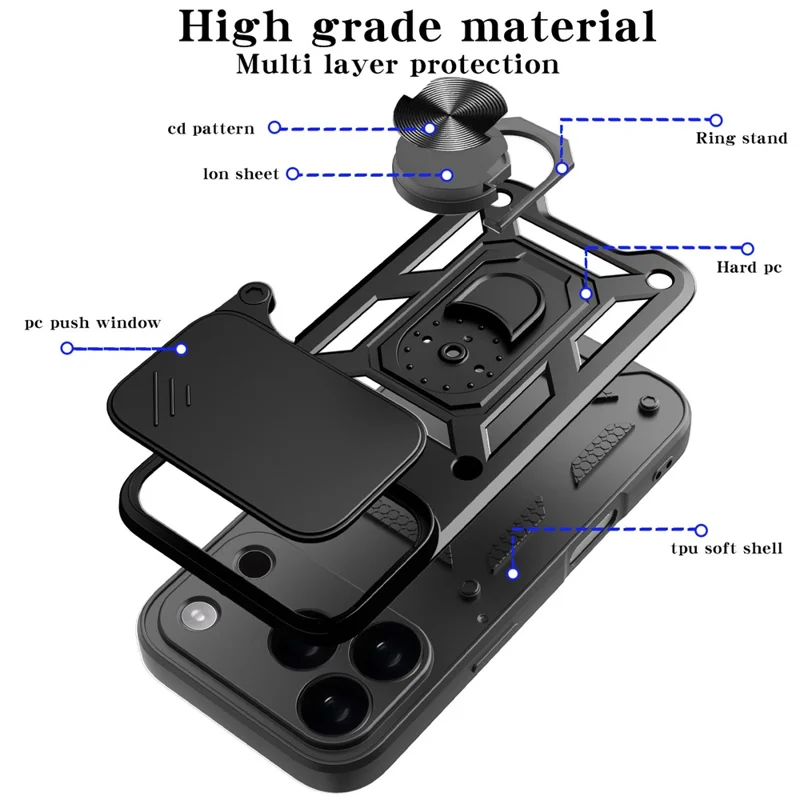 For iPhone 17 Pro Max Case with Slide Camera Lid PC + TPU Kickstand Phone Cover - Black