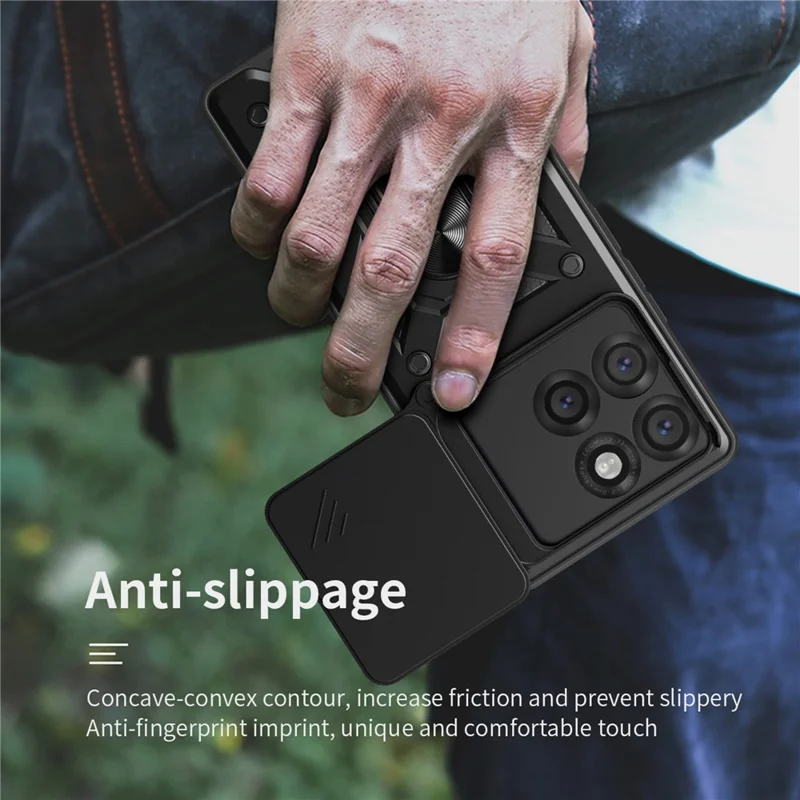 For Motorola Edge 60 Pro 5G Case with Slide Camera Lid PC + TPU Kickstand Phone Cover - Black