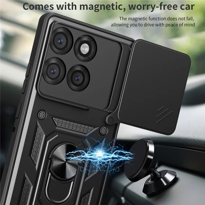 For Motorola Edge 60 Pro 5G Case with Slide Camera Lid PC + TPU Kickstand Phone Cover - Black
