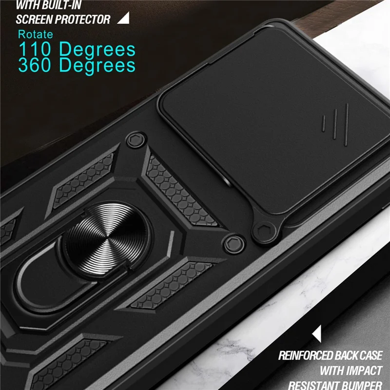 For Motorola Edge 60 Pro 5G Case with Slide Camera Lid PC + TPU Kickstand Phone Cover - Black