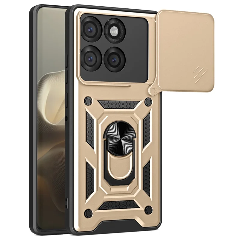 For Motorola Edge 60 Pro 5G Case with Slide Camera Lid PC + TPU Kickstand Phone Cover - Gold