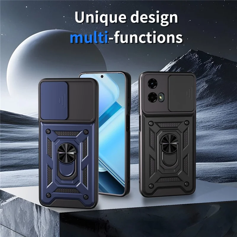 For Motorola Moto G 5G (2024) Case with Slide Camera Lid PC + TPU Kickstand Phone Cover - Blue