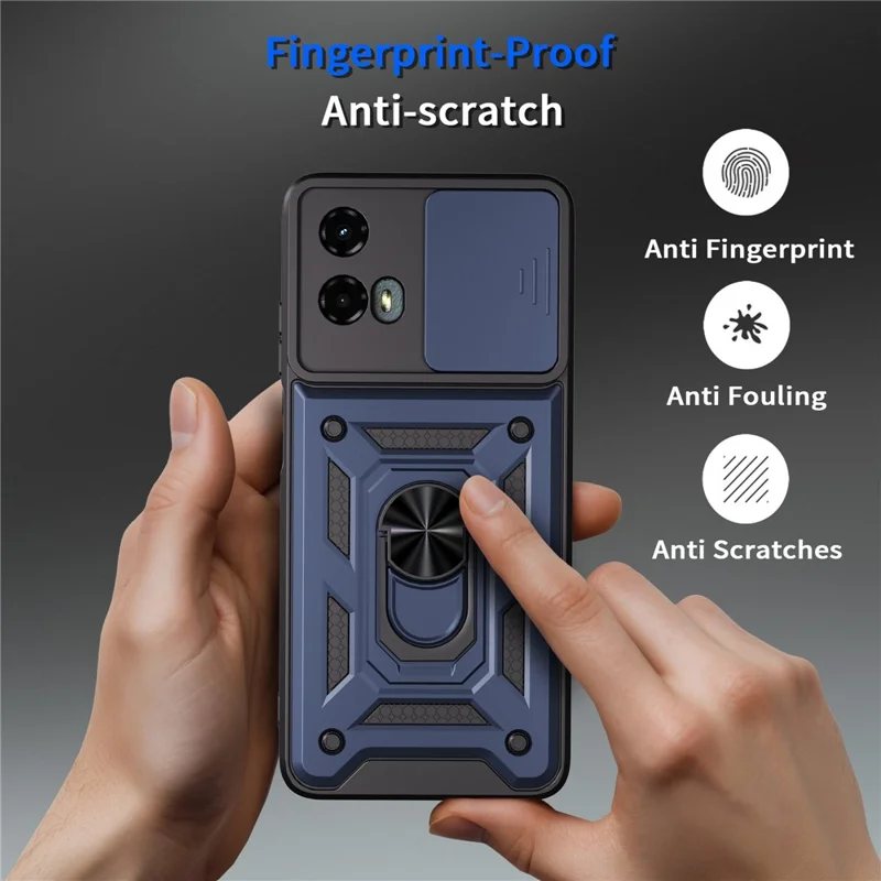 For Motorola Moto G 5G (2024) Case with Slide Camera Lid PC + TPU Kickstand Phone Cover - Blue