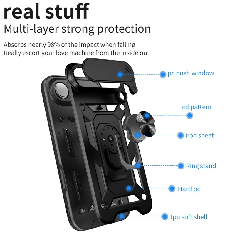 Für iPhone 17 Air Case mit Schiebe-Kameradeckel PC + TPU Ständer Handyhülle - Schwarz