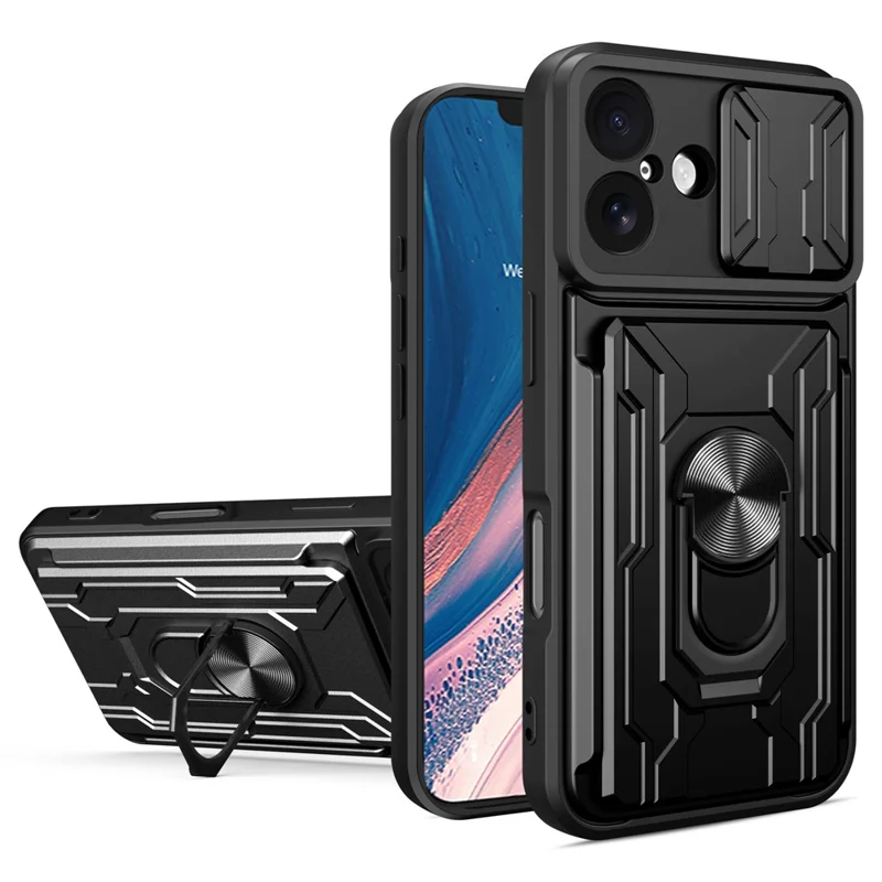 For iPhone 17 Case PC + TPU Kickstand Phone Back Cover with Camera Slider - Black