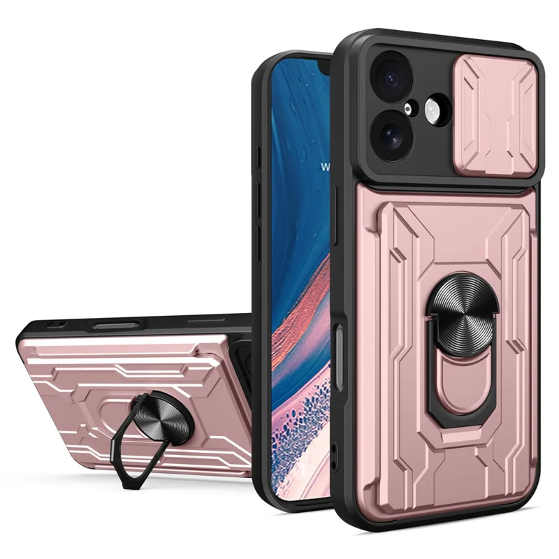 For iPhone 17 Case PC + TPU Kickstand Phone Back Cover with Camera Slider - Rose Gold