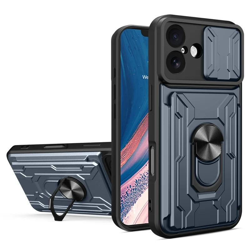 For iPhone 17 Case PC + TPU Kickstand Phone Back Cover with Camera Slider - Titanium Grey
