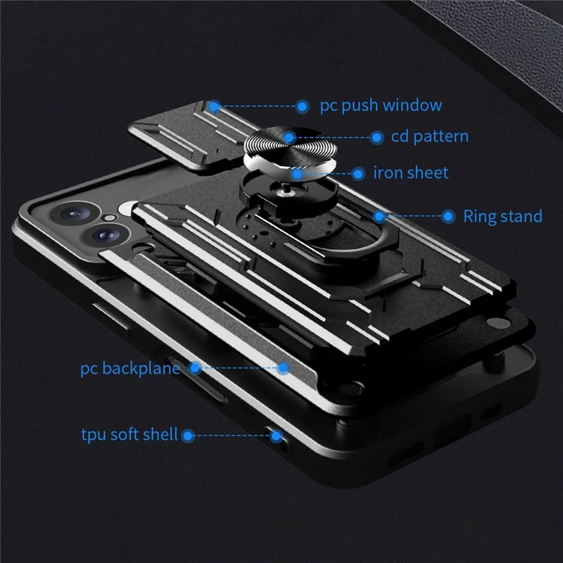 For iPhone 17 Case PC + TPU Kickstand Phone Back Cover with Camera Slider - Titanium Grey