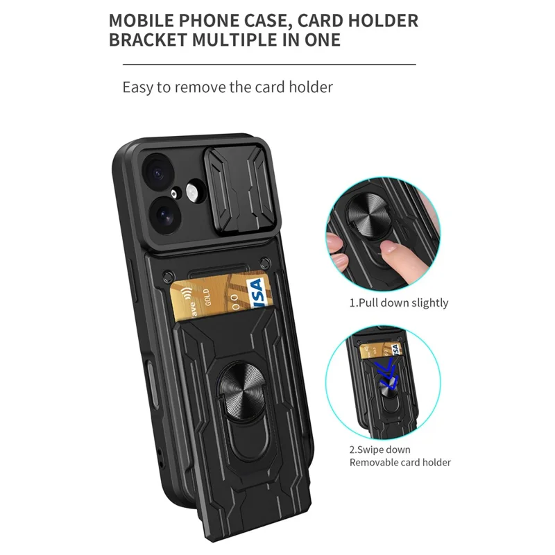 For iPhone 17 Case PC + TPU Kickstand Phone Back Cover with Camera Slider - Titanium Grey