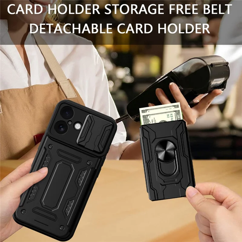 For iPhone 17 Case PC + TPU Kickstand Phone Back Cover with Camera Slider - Titanium Grey
