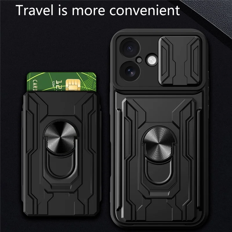 For iPhone 17 Case PC + TPU Kickstand Phone Back Cover with Camera Slider - Titanium Grey
