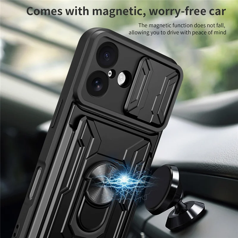 For iPhone 17 Case PC + TPU Kickstand Phone Back Cover with Camera Slider - Titanium Grey