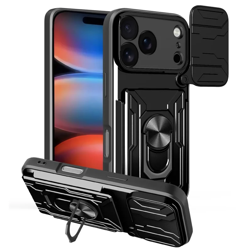 For iPhone 17 Pro Case PC + TPU Kickstand Phone Back Cover with Camera Slider - Black