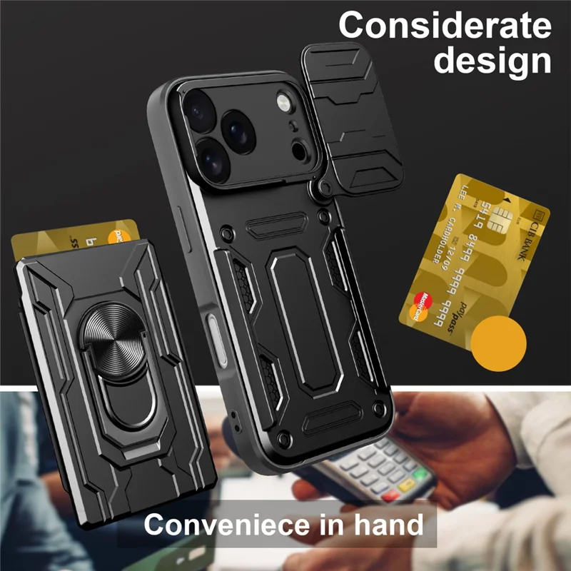 For iPhone 17 Pro Case PC + TPU Kickstand Phone Back Cover with Camera Slider - Black